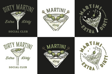 Wall Mural - Martini cocktail vector set with olive and splashes for alcohol for cocktail bar or drink party. Margarita or martini collection for logo or tee print of bartender or barman