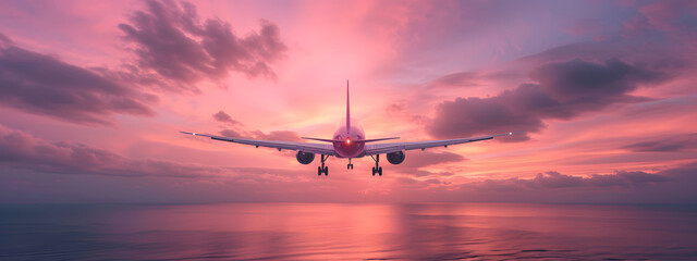 the plane flies in pink clouds