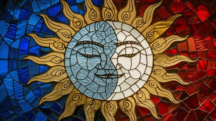 Wall Mural - Stained glass window background with colorful Moon and sun abstract.	