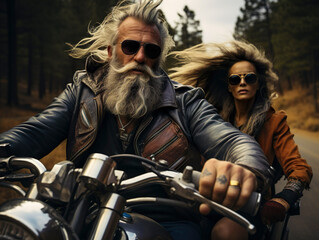Wall Mural - stylish hipster middle age couple - bearded brutal male in sunglasses and leather jacket sitting on a retro motorcycle and sensual girl sitting near, riding on forest road background.