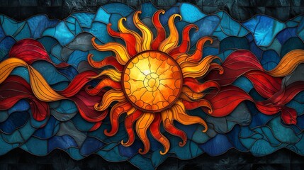 Wall Mural - Stained glass window background with colorful Moon and sun abstract.	