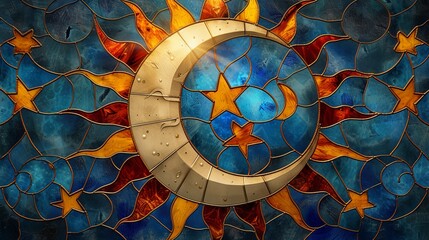 Wall Mural - Stained glass window background with colorful Moon and sun abstract.	