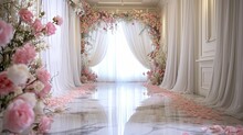 Wedding Backdrop For Photography Featuring Luxurious White Drapery With Pink Floral And Marble Flooring