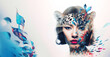 Double exposure of woman and leopard. Wild strong cat. white background