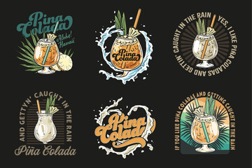 Pina Colada cocktail tee print vector set with splashes and slice of pineapple for cocktail bar or drink summer party. Pina alcohol cocktail collection lettering with rum for beach bar and cafe menu