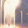 Fantasy watercolor illustration with a girl walking into a light portal.