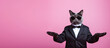 Banner featuring a cat dressed in a sharp black suit and bow tie, wearing round cool sunglasses with outstretched arms, on a hot pink background with ample copy space. Advertising, leaflets, flyers