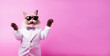 A stylish cat with a white coat, sunglasses, and a bow tie is striking a playful pose against a solid pink background, providing ample copy space for text on the side. Advertising, leaflets, flyers