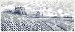 Rural landscape with a farm in engraving style. Hand drawn Illustration and converted to vector fomat.