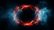 Neon laser vibrant circle with sparks, haze, and laser grid on starry space background. Red vivid round shape.