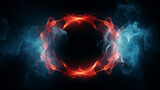 Fototapeta Do przedpokoju - Neon laser vibrant circle with sparks, haze, and laser grid on starry space background. Red vivid round shape.