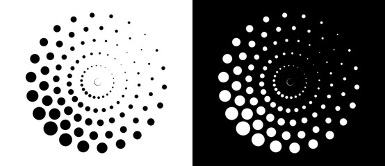 Poster - Modern abstract background. Halftone dots in circle form. Spiral logo, icon or design element. Black dots on a white background and white dots on the black side.
