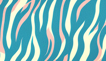 Pastel Blue And White Zebra Or Tiger Stripe Fabric Pattern, Abstract Pattern Of Wavy Lines In Teal, Cream, And Pink Colors