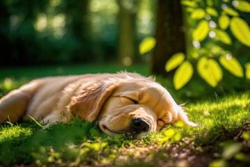 Wall Mural - AI generated illustration of a cute golden retriever sleeping peacefully in a park under sunlight