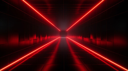 Bright red neon laser lights illuminate the darkness creating lines and triangle shapes in sci-fi effect.