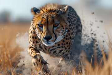 Canvas Print - A cheetah sprinting across the savannah, illustrating the unmatched speed and agility of this remarkable big cat. Concept of savannah dynamics. Generative Ai.