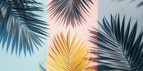 Wall Mural - Top view palm tree branches leaves on pastel color background, Flat lay Minimal fashion summer holiday vacation concept	