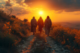 Fototapeta Panele - Staging of The disciples witnessing the risen Christ on the road to Emmaus, highlighting the transformative nature of encountering the resurrected Savior.  Generative Ai.