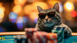 A cat gambler in sunglasses makes stacks in a casino.  Generative AI