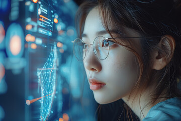 Poster - A businesswoman utilizing artificial intelligence tools for business optimization, illustrating the intersection of technology and business strategy. Concept of AI integration. Generative Ai.