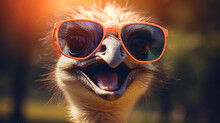 Selfie Portrait Of A Laughing Ostrich Wearing Sunglasses