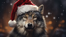 Portrait Of A Wolf In Santa Hat. Christmas Background