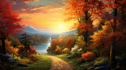 autumn road with river view and pastoral landscape in the countryside at summer morning sunset in bright orange and dark emerald style art