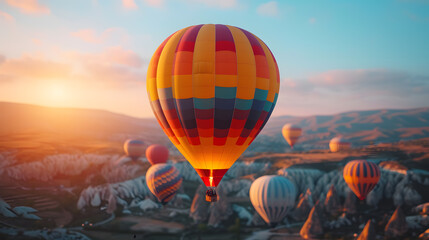 A colorful hot air balloon festival, with a clear sky as the background, during a festive morning