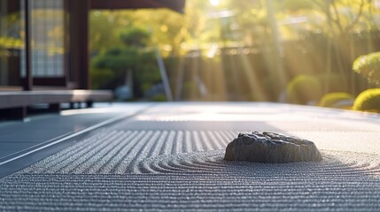 A zen garden at sunrise, the raked sand around a stone symbolizing mindfulness and inner peace, perfect for themes of tranquility and meditation.