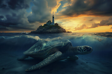 turtle and light house in the sea at sunset  