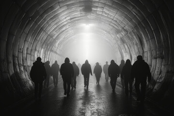 Wall Mural - shadows of individuals walking in a tunnel, their faces obscured by the strong directional light. co