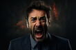 Intense portrait of angry man with expression of extreme fury, set against dark background with hints of fire, emphasizing moment of raw, unbridled emotion