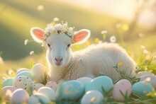 A Lamb Adorned With A Flower Crown Rests Among Easter Eggs In A Field, Basked In A Warm Sunset Light. Generative AI