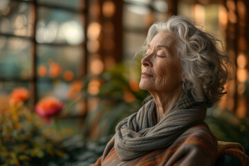 Poster - An image of a senior woman enjoying a moment of solitude and reflection in a botanical garden, illustrating the tranquility and fulfillment that come from connecting with nature. Generative Ai.