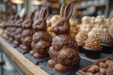 Intricately crafted chocolate Easter bunnies displayed in a confectionery showcase, tempting sweet-toothed customers. Concept of Easter chocolate delights. Generative Ai.