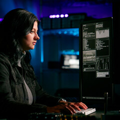 Low Key Lighting Shot Of Female Computer Hacker Sitting In Front Of Screens Breaching Cyber Security