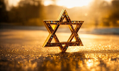 golden star of David on a golden background. Selective focus.