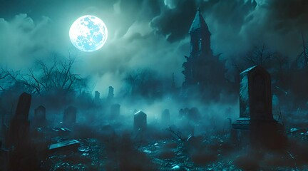 Wall Mural - Graveyard with a crypt at night with full moon, tombstones and mysterious swirling fog