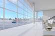 © onzon - Modern style empty airport terminal lounge with city view background 3d render, There are large window overlooking a plane taking off.