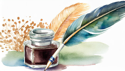 Wall Mural - Feather pen and inkwell, watercolour, copyspace on a side