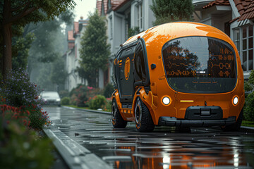 Canvas Print - A futuristic autonomous delivery vehicle navigating through a suburban neighborhood. Concept of autonomous transport. Generative Ai.