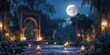 Botanical Gardens at Night: A tranquil scene of a botanical garden at night, illuminated by moonlight and lanterns, where flora and Islamic geometric patterns merge, with Ramadan in Bloom