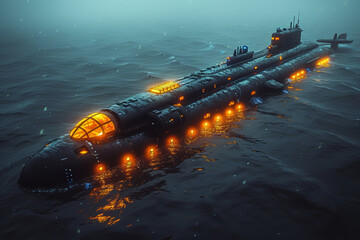 Wall Mural - A cargo submarine submerging beneath the ocean's surface, exploring subaquatic transport possibilities. Concept of underwater cargo. Generative Ai.