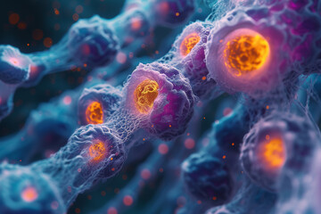 Poster - A microscopic view of genetically modified organisms interacting at the cellular level. Concept of engineered life forms. Generative Ai.