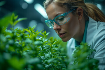 Wall Mural - A scientist examining plant tissue cultures for developing genetically enhanced crops. Concept of agricultural biotechnology. Generative Ai.