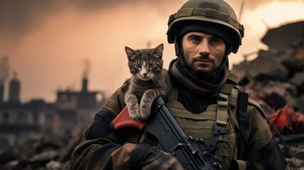 Portrait of a military man with a gun holding a kitten