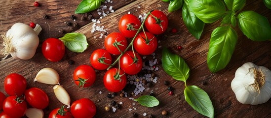 Canvas Print - Tomato sauce ingredients: cherry tomatoes, garlic, basil, black pepper, salt.