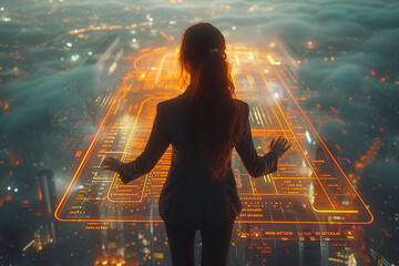 Poster - Businesswoman standing in a transparent room Outside was a tall building in a big city, standing with her hand touching a holographic screen.