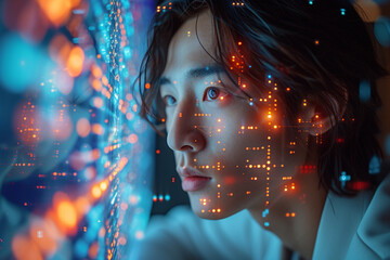 Close-up of a man's face looking at a light ship holographic wall.