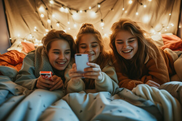 Wall Mural - Girls lying on bed having fun taking a selfie. Three young girls enjoying time together